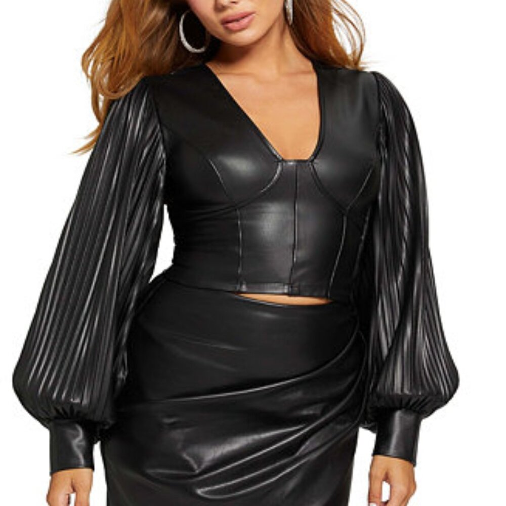 GUESS Women's Lani Pleated Faux-Leather Bustier Top Size L